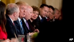 FILE - President Donald Trump speaks in the East Room of the White House in Washington, March 7, 2017, during a meeting with the Republican House whip team about the proposed health bill. 