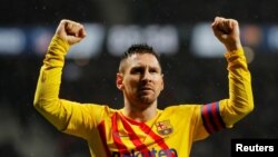 Lionel Messi célèbre son but contre l'Atletico Madrid au Wanda Metropolitano, Espagne, le 1er décembre.