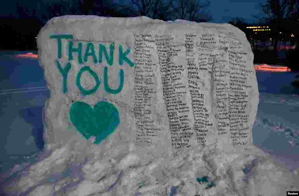 The boulder known as &quot;the Rock&quot; is seen, on the campus of Michigan State University, painted with the names of victims of Larry Nassar, a former team USA Gymnastics doctor, in East Lansing, Michigan.