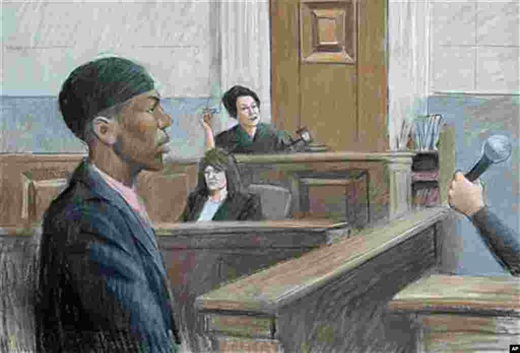 In this courtroom drawing, Umar Farouk Abdulmutallab appears in U.S. District Judge Nancy Edmunds' courtroom in Detroit, October 4, 2011.