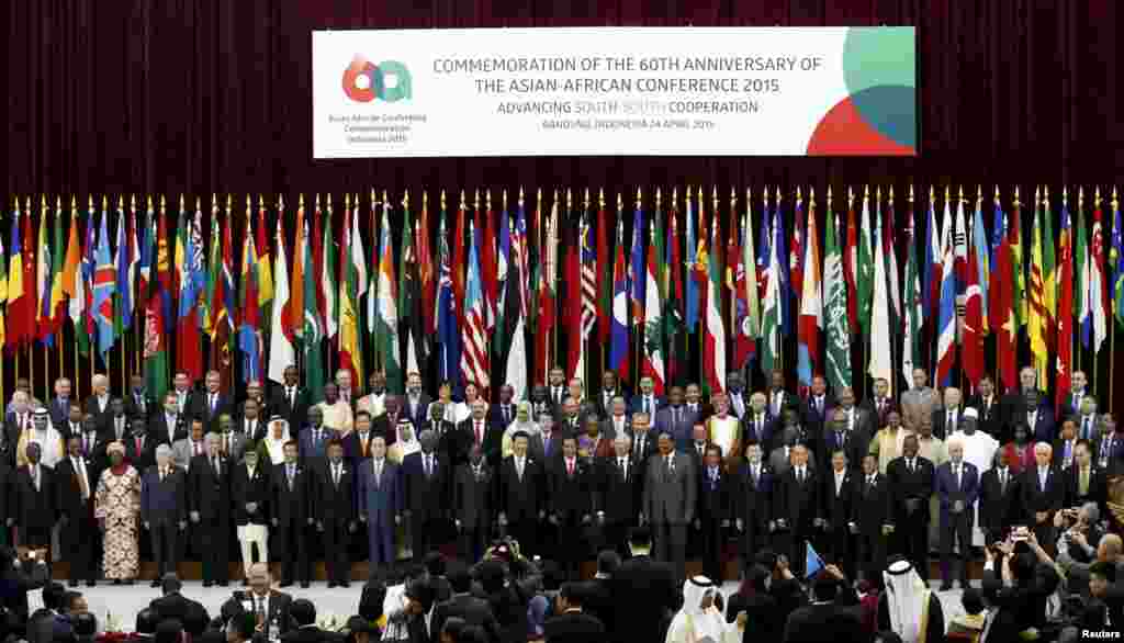 Asian and African leaders pose for photographs during a photo session to mark the 60th Asian-African Conference Commemoration at Gedung Merdeka in Bandung, Indonesia, April 24, 2015.