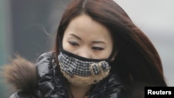 A woman wearing a mask walks on a heavy haze day during winter in Beijing January 29, 2013.