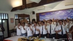 Sekretariat Bersama PT Garuda Indonesia saat menggelar konferensi pers di Jakarta soal dukungan ke manajemen pilihan pemerintah di Jakarta pada Kamis, 12 Desember 2019. (Foto: Sasmito Madrim/VOA)