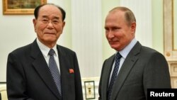 Russian President Vladimir Putin meets North Korea's President of the Supreme People's Assembly Kim Yong Nam at the Kremlin in Moscow, June 14, 2018. Russian Interior Ministry records show Russia has allowed more than 10,000 new North Korean workers to register in Russia since September.