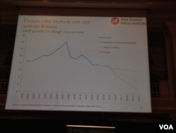 改革与不改革下的中国经济增长前景预测图表（美国之音 莉雅拍摄）