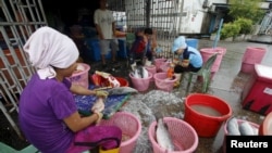 FILE - Migrant workers clean fish in Songkhla, Thailand, Dec. 23, 2015.