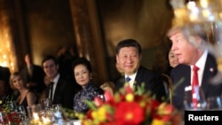 지난달 미국을 방문한 시진핑 중국 국가주석(오른쪽
2번째)이 플로리다주 마라라고 리조트에서 열린
만찬에서 도널드 트럼프 미국 대통령(오른족)의
발언을 듣고 있다.