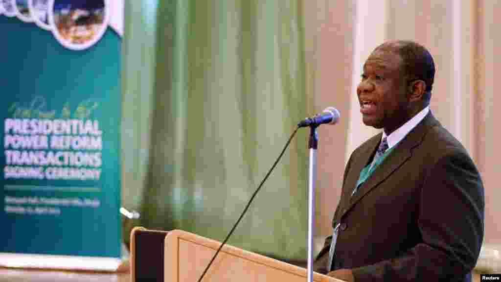 Nigeria's Minister of Power Chinedu Osita Nebo speaks during the Presidential Power Reform Transactions signing ceremony.