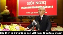 TBT-CTN Nguyễn Phú Trọng phát biểu tại Hội nghị Quân chính toàn quân ở Hà Nội hôm 10/1. (Ảnh chụp màn hình Báo Điện tử Đảng Cộng sản Việt Nam)