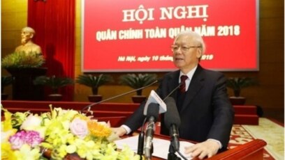 TBT-CTN Nguyễn Phú Trọng phát biểu tại Hội nghị Quân chính toàn quân ở Hà Nội hôm 10/1. (Ảnh chụp màn hình Báo Điện tử Đảng Cộng sản Việt Nam)