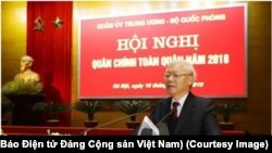 TBT-CTN Nguyễn Phú Trọng phát biểu tại Hội nghị Quân chính toàn quân ở Hà Nội hôm 10/1. (Ảnh chụp màn hình Báo Điện tử Đảng Cộng sản Việt Nam)