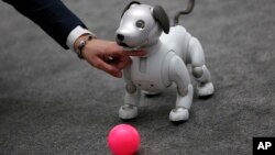 The Aibo robot dog is on display at the Sony booth after a news conference at CES International, Monday, Jan. 8, 2018, in Las Vega.
Aibo is Sony's new companion robot. 