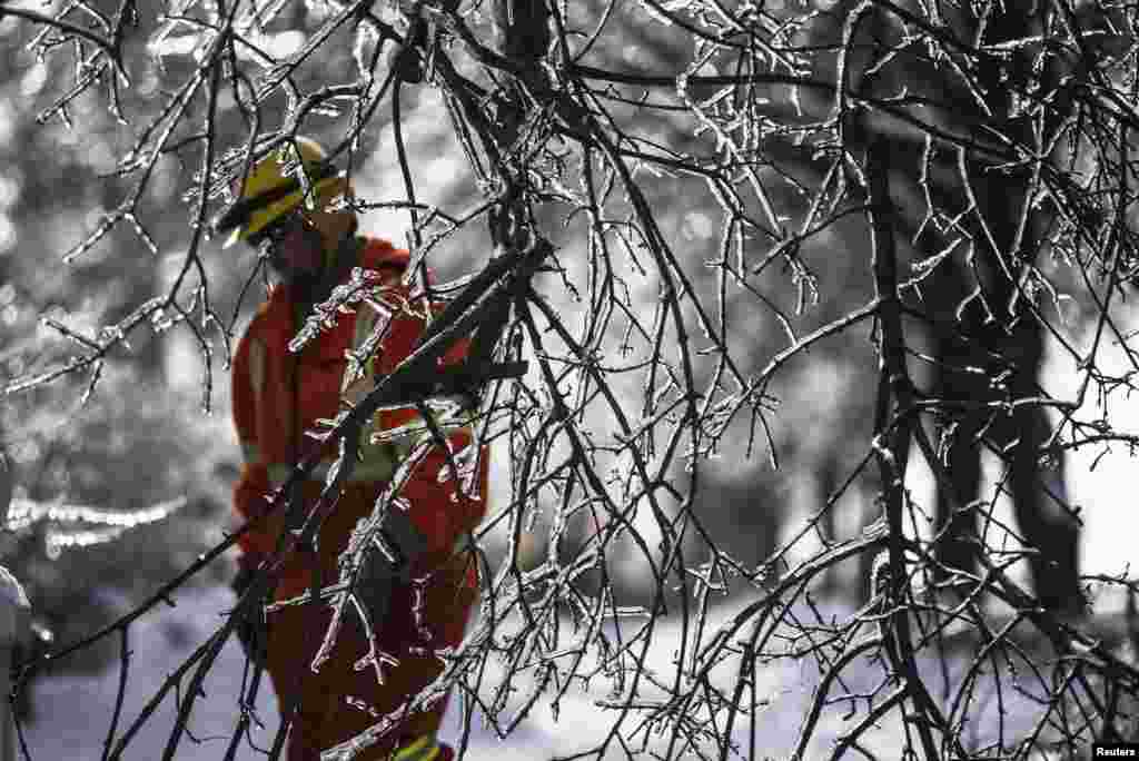 A Toronto Hydro worker tries to restore power, behind frozen tree branches, in the Scarborough suburb after an ice storm in Ontario, Canada. Over 30,000 residents have been left without power since the storm hit on Dec. 22, local media reported.