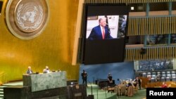 Predsjednik Donald Trump govori na 75. godišnjem zasjedanju Generalne skupštine UN u New Yorku. Zbog pandemije koronavirusa, skupština je uglavnom virtuelna a Tramp je poruku snimio unaprijed, u Bijeloj kući (Foto: Reuters/United Nations)