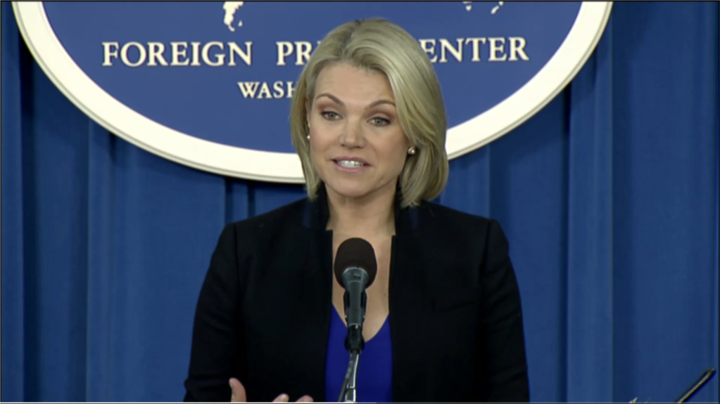 En la foto, la portavoz del Departamento de Estado, Heather Noert, en conferencia de prensa el 29 de noviembre de 2017.
