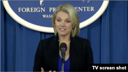 En la foto, la portavoz del Departamento de Estado, Heather Noert, en conferencia de prensa el 29 de noviembre de 2017.