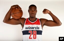 Washington Wizards center Ian Mahinmi (28) during an NBA basketball media day, Sept. 25, 2017, in Washington.