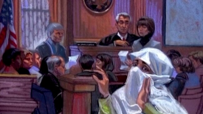 FILE - Pakistani Aafia Siddiqui is seen in a Feb. 3, 2010 courtroom sketch in New York City, New York, in this still image taken from video footage, Jan. 18, 2013.