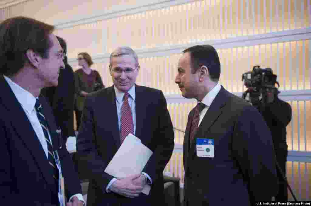 (Left to Right): David Ensor speaks with Stephen Hadley, Chairman of the Board of Directors at USIP, and Eklil Hakimi, Afghan Ambassador to the United States.