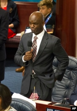 Rep. Kionne McGhee reacts to the Florida House of Representatives' refusal to hear a bill to ban assault rifles and large-capacity magazines he was trying to bring to the floor at the Florida Capitol in Tallahassee, Feb 20, 2018. Survivors of the Marjory