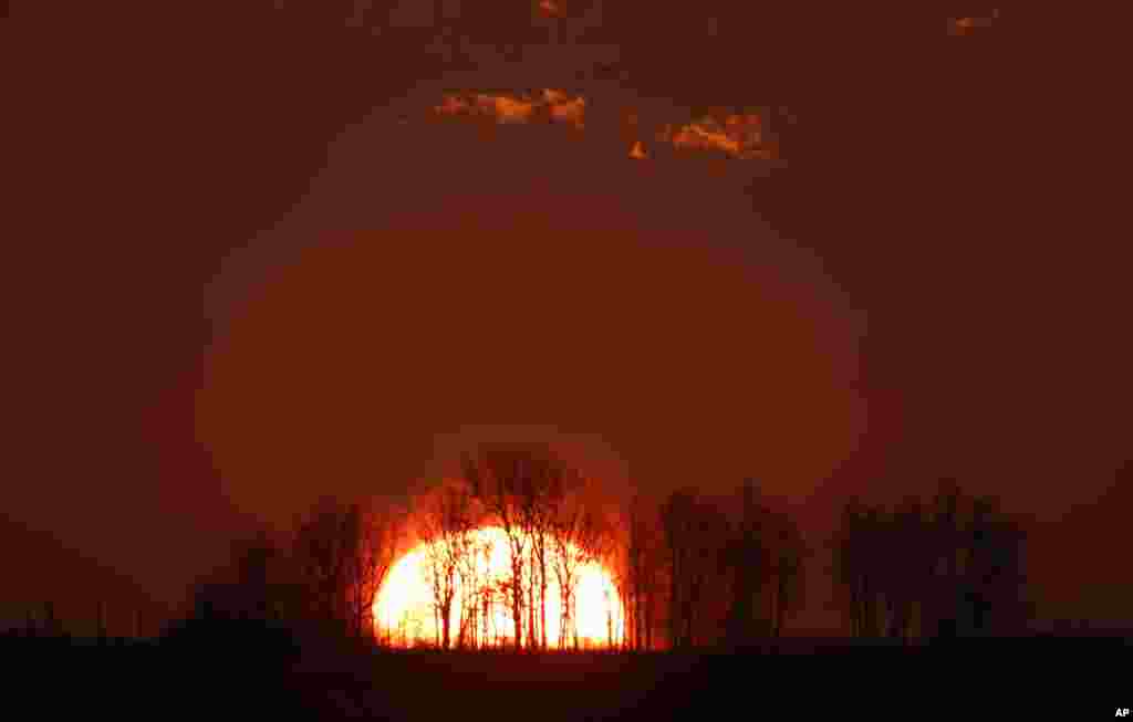 Trees are silhouetted against the rising sun in outskirts of capital Minsk, Belarus, during a spring morning.