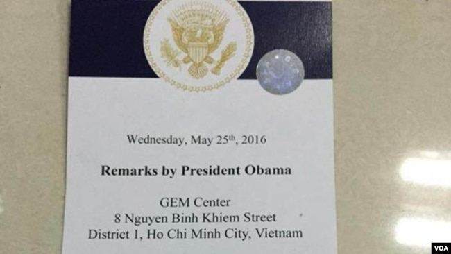 Vé tham dự buổi gặp gỡ của YSEALI với TT Obama hồi tháng Năm, 2016. (Hình: Nhật Báo Người Việt)