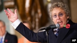 The Who's Roger Daltrey performs in Statuary Hall on Capitol Hill during a ceremony to dedicate a bust of Winston Churchill, Oct. 30, 2013.