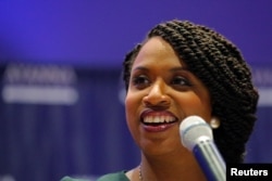 FILE - Democratic candidate for U.S. House of Representatives Ayanna Pressley speaks after winning the Democratic primary in Boston, Massachusetts, Sept. 4, 2018.
