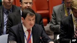 Russian Deputy Ambassador to the United Nations Dmitry Polyanskiy speaks during a U.N. Security Council meeting at United Nations headquarters, Nov. 26, 2018.