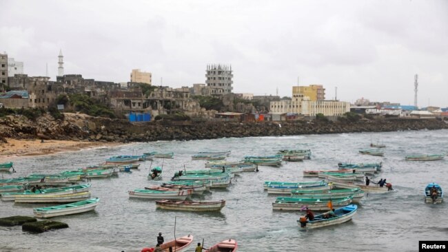 A general view of the fishing boats anchored at the Xamarweyne beach in Mogadishu, Somalia. Oct. 12, 2021.