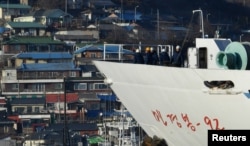 North Korean ship Mangyongbong-92 carrying the Samjiyon art troupe arrives at Mukjo port in Donghae, South Korea, Feb. 6, 2018