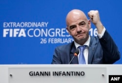 Newly elected FIFA president Gianni Infantino of Switzerland during a press conference after the second election round during the extraordinary FIFA congress in Zurich, Switzerland, Feb. 26, 2016.