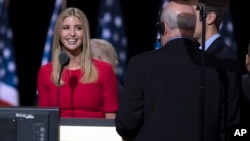 Ivanka Trump, daughter of Republican presidential candidate Donald Trump, talks with production crew during a walk through in preparation for her speech at the Republican National Convention in Cleveland, July 21, 2016.