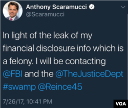 Screen shot of tweet by Anthony Scaramucci on White House leaks that he subsequently deleted, July 27, 2017.