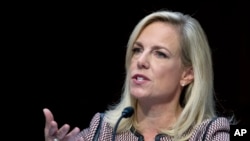 FILE - Homeland Security Secretary Kirstjen Nielsen testifies before the Senate Judiciary Committee on Capitol Hill, Jan. 16, 2018, in Washington. Nielsen told reporters on May 22, 2018, that she thought Russia was trying to influence the 2018 U.S. elections.