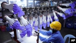 A worker inspects disposable gloves at the Top Glove factory in Shah Alam outside Kuala Lumpur, Malaysia.