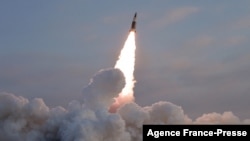 This picture taken on Jan. 17, 2022, and released from North Korea's official Korean Central News Agency on Jan. 18, 2022, shows test-fire of a tactical guided missile conducted under a plan of the Academy of Defense Science, at an undisclosed location.