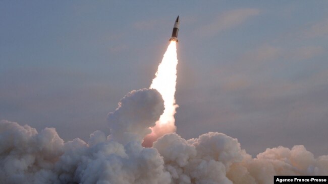 This picture taken on Jan. 17, 2022, and released from North Korea's official Korean Central News Agency on Jan. 18, 2022, shows test-fire of a tactical guided missile conducted under a plan of the Academy of Defense Science, at an undisclosed location.