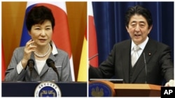 Presiden Korea Selatan Park Geun-hye (kiri) dan Perdana Menteri Jepang Shinzo Abe akan menghadiri KTT di Korea Selatan dengan Perdana Menteri China Li Keqiang pekan depan.