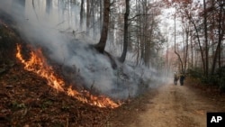 FILE - Firefighters walk down a dirt road a wildfire burns a hillside Tuesday, November 15, 2016, in Clayton, Georgia. The U.S. Forest Service is tracking wildfires that have burned 80,000 acres across the South.