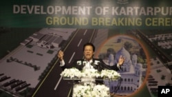 Pakistani Prime Minister Imran Khan addresses during a ceremony in Kartarpur, Pakistan, Nov. 28, 2018.
