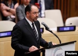 FILE - Afghanistan's Minister for Foreign Affairs Salahuddin Rabbani speaks during a high-level meeting on addressing large movements of refugees and migrants at the United Nations General Assembly in Manhattan, New York, U.S., Sept. 19, 2016.
