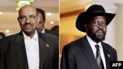 Sudan's President Omar al-Bashir (L) and his South Sudanese counterpart Salva Kiir walking in a hotel in Addis Ababa on September 24, 2012