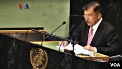 Wakil Presiden RI Jusuf Kalla berpidato pada Forum KTT Perdamaian Nelson Mandela di Markas PBB, New York, Senin (24/9).