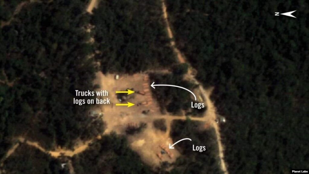 រូបថតពីលំហអាកាសដោយ Planet Labs ថតកាលពីថ្ងៃទី ៥ ខែកុម្ភៈ ឆ្នាំ២០២១ បង្ហាញសកម្មភាពកាប់ឈើខុសច្បាប់នៅតំបន់ព្រៃឡង់នៃប្រទេសកម្ពុជា។ (រូបថតដោយ Planet Labs, Inc.)