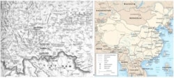 trái, [định vị các địa danh được đánh số trên bản đồ] hành trình đường bộ của Nguyễn Tường Bách cùng 7 “chinh nhân” đi từ (1) Lào Cai qua (2) Hà Khẩu / Hekou, (3) Bình Biên / Pingbian, (4) Mông Tự / Mengzi, (5) Khai Viễn / Kaiyuan, (6) Côn Minh / Kunming. [source: The Contemporary Atlas of China (Boston : Houghton Mifflin Co., 1988), p. 31.]; phải, một phần bản đồ Việt Nam – Trung Hoa và trục hoạt động chính của Nguyễn Tường Bách và Hải ngoại vụ VNQDĐ: Côn Minh / Kunming – tỉnh Vân Nam / Yunnan, Quảng Châu / Guangzhou – tỉnh Quảng Đông / Guangdong, Hồng Kông, Thượng Hải / Shanghai.