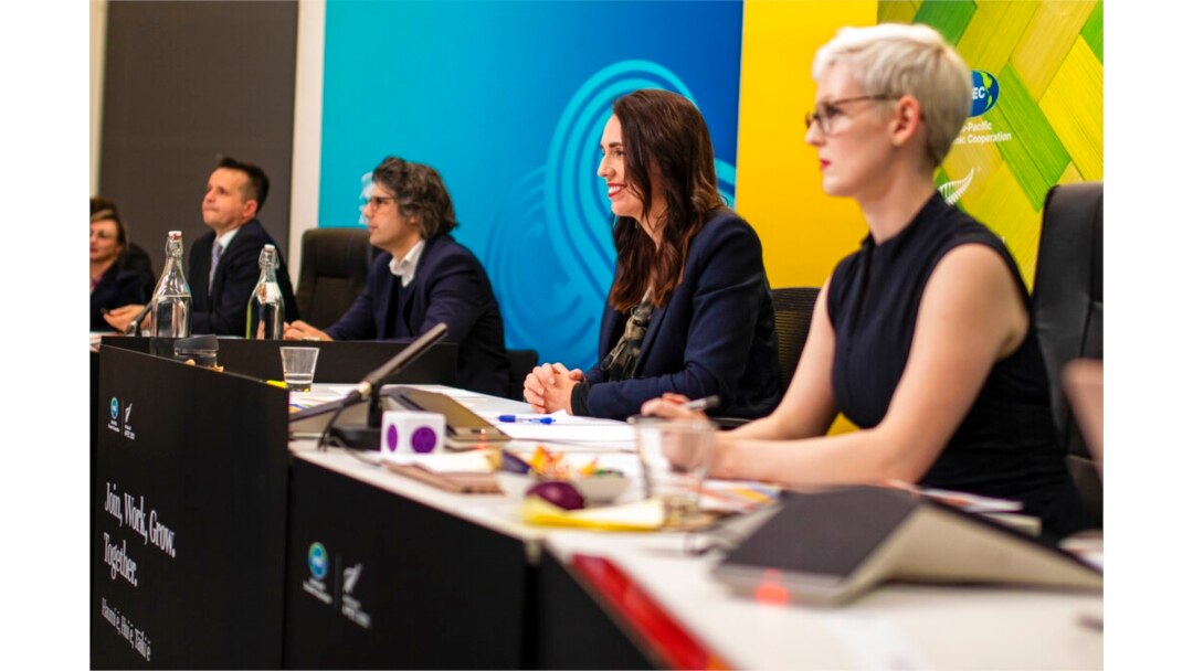 FILE - New Zealand Prime Minister Jacinda Ardern, second right, chairs a virtual APEC leaders meeting from Wellington, New Zealand, July 16, 2021.