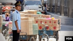 An officer stands by goods for trade at Tan Thanh Border Gate in Vietnam. (D. Schearf/VOA)