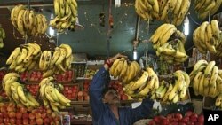 A fruit seller arranges bananas at his stall along a road in Jammu, November 3, 2011.