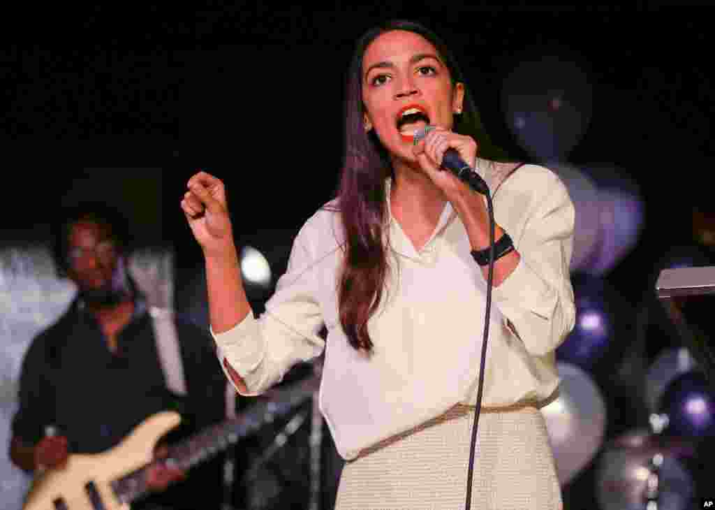 New York Democratic Congressional candidate Alexandria Ocasio-Cortez speaks to supporters, Nov. 6, 2018 in Queens the Queens borough of New York, after defeating Republican challenger Anthony Pappas in the race for the 14th Congressional district. Cortez has become the youngest woman elected to Congress.